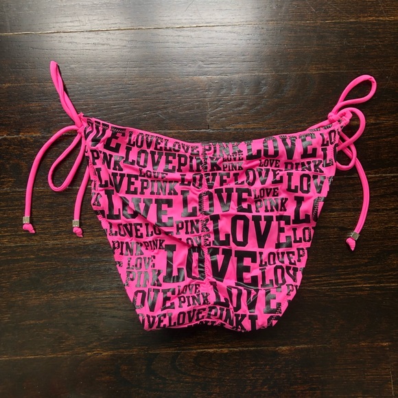 PINK Victoria’s Secret Love Pink Print Ruched Rhinestone Bikini Bottom - Picture 12 of 16